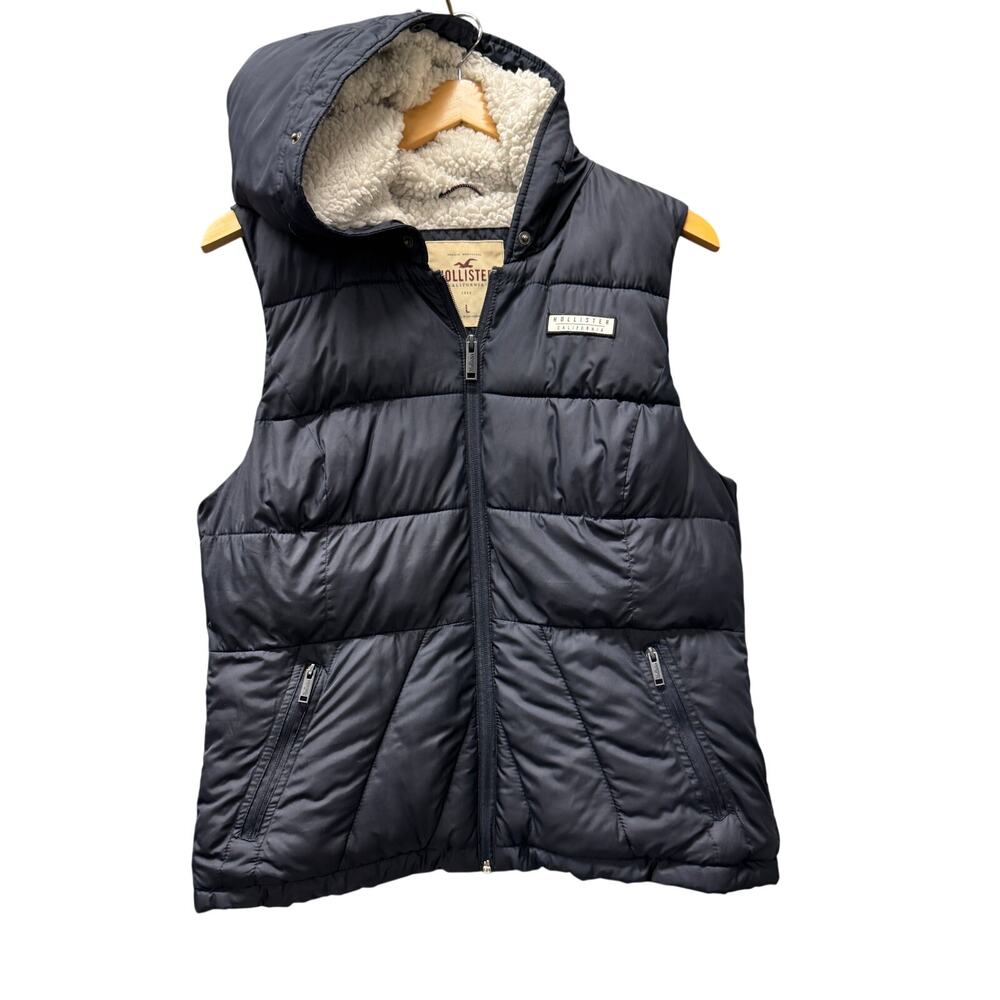 Hollister Puffer Vest Jacket Womens Large Sherpa Lined‎ Navy Blue Full Zip